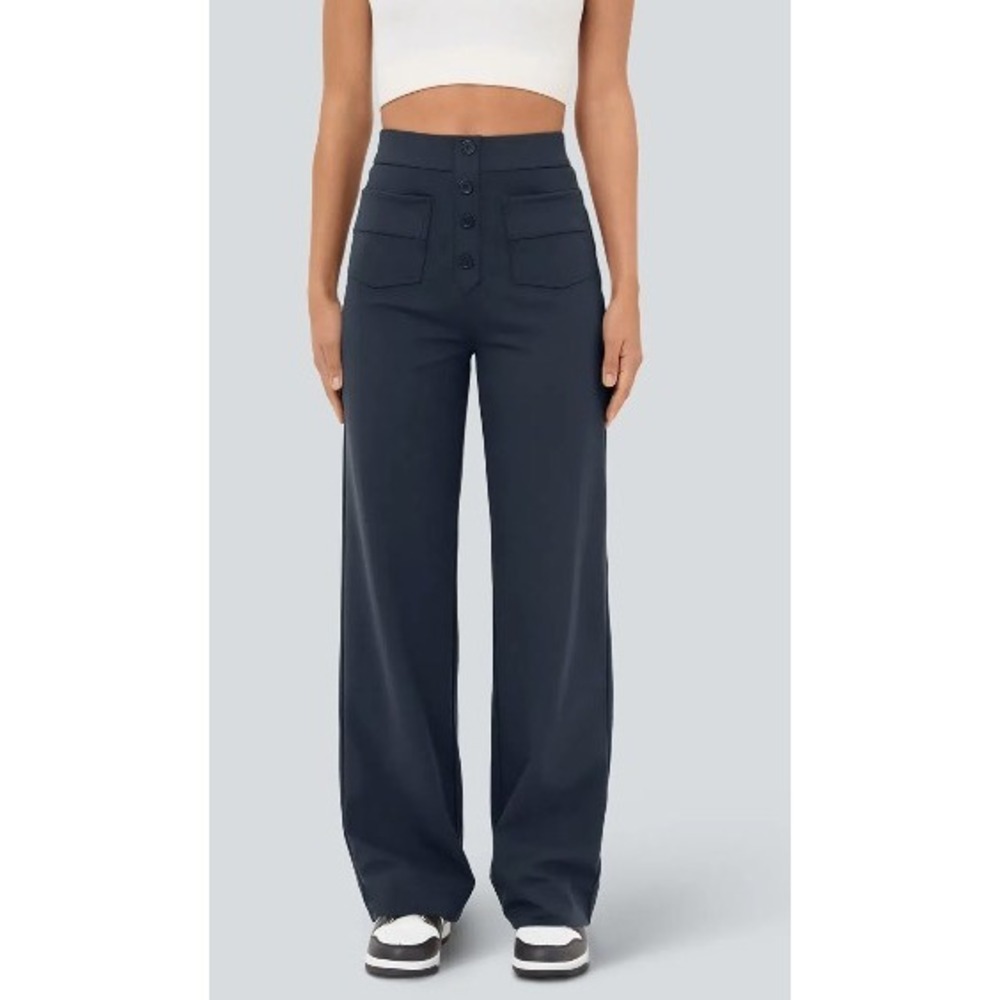 Halara Women Navy Blue Wide Leg High Waisted Button Detail Stretch Pants Large